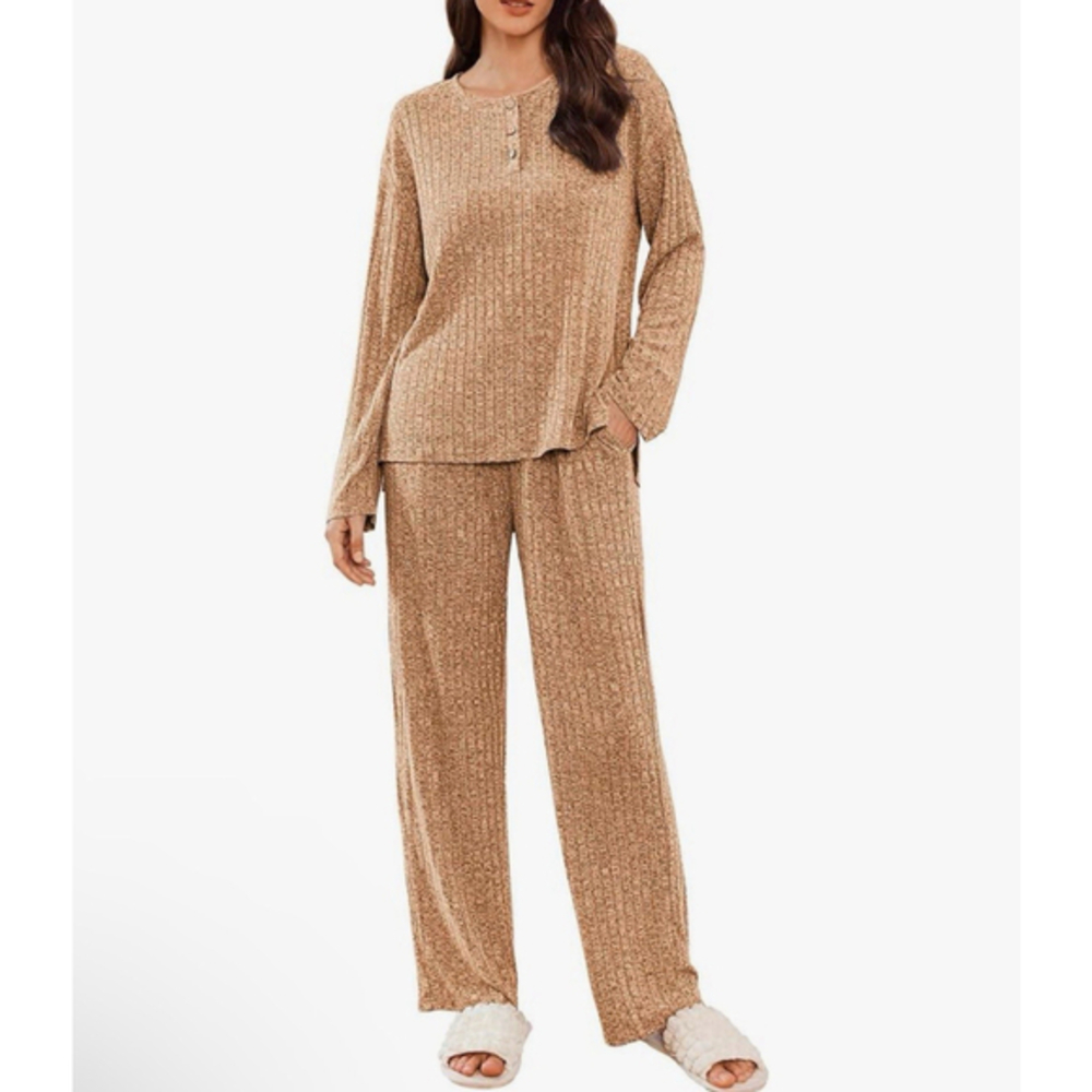 Ekouaer Womens Ribbed Knit Lounge Set Long Sleeve Henley Neck Size XL